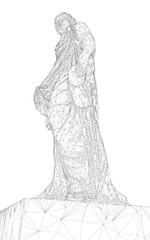 A low polygonal wireframe sculpture of a woman standing on a rock against a white background. This black and white drawing has a unique and intricate geometric style.