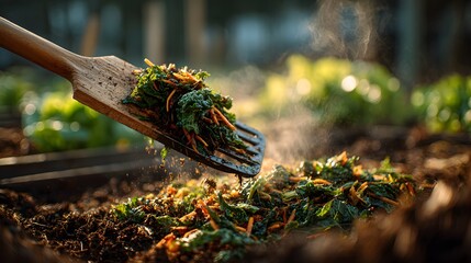 Garden fork lifts a rich, steaming pile of organic compost from a large bin. The image shows a mix of decomposing green and brown plant matter for sustainable gardening.