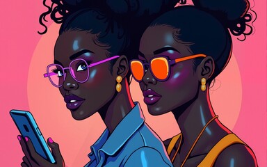 two beautiful black woman with a fashion urban style with looking smartphone, neon bright colors, generative ai illustration. High quality
