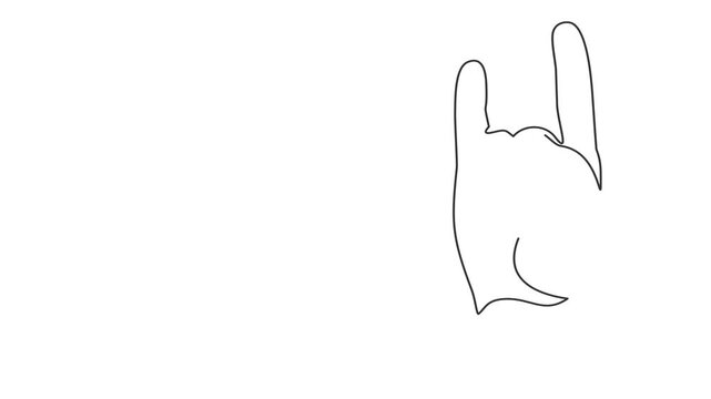 Animated self drawing of continuous line draw.  hand gesture, minimalistic human rock hand, symbol of rock, heavy metal, rock and roll music, two fingers up. 
 Full length one line animation. 4K