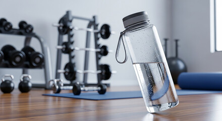 A clear water bottle filled with water, placed in a gym setting with weight racks and equipment in the background