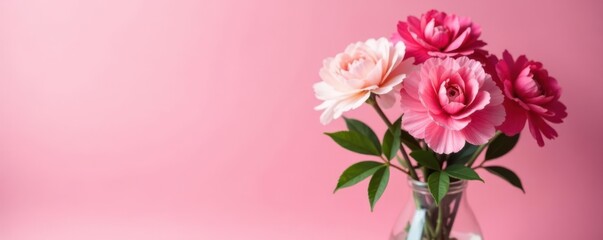 Naklejka premium Luxurious carnations in vase, pink backdrop Mother's Day greeting concept , romantic, spring, greetingcard