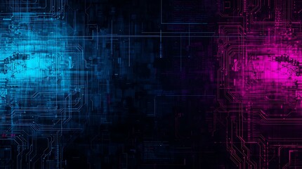 Fototapeta premium Cyberpunk Glitch Background – Neon Blue & Pink Pixel Distortion, Futuristic Circuitry and Digital Fragments on Dark Metallic Texture.