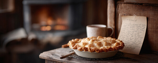 Cozy scene featuring a fresh baked pie, warm drink, and fireplace. Evokes feelings of comfort, home, and tradition. Ideal for food, lifestyle, or holiday content.