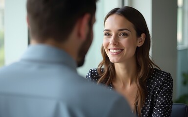 Beautiful woman listening to colleague in office. High quality