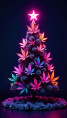 Obraz premium Neon Christmas tree & hemp leaves, fluorescent flatlay , marijuana, winter, illumination
