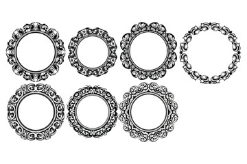 Vector art of collection of decorative vintage frames, set of ornate circular borders with floral and baroque elements in black and white style for design