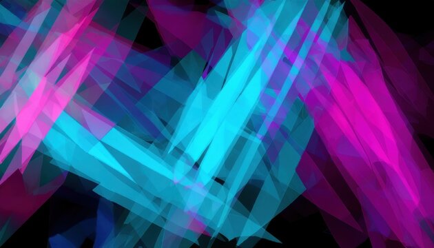abstract neon geometric burst with layered translucent triangles in vivid magenta and cyan on black background creating energetic digital art composition ideal for modern wallpaper or web banner