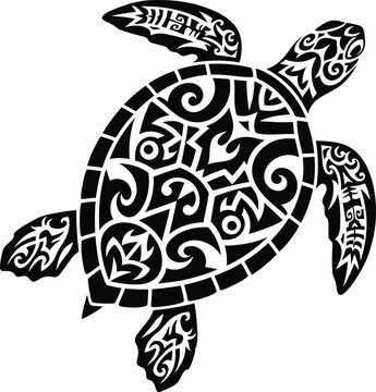 Black Tribal Tattoo Style Sea Turtle Silhouette with Intricate Patterns on White Background