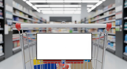 Shopping cart with a blank screen in a supermarket aisle, ready for customization or advertising