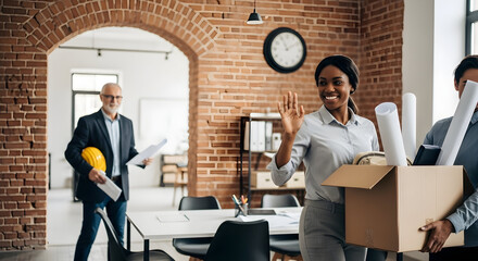 Smiling Black Woman Waving Goodbye After Resignation, Ready for New Career Path in Modern Office
