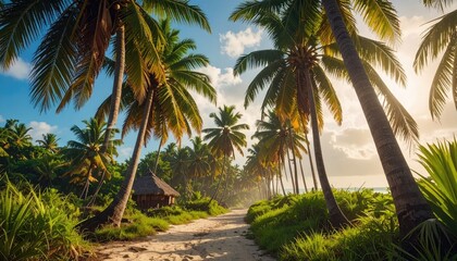 Obraz premium Secluded Tropical Beach Paradise with Palm Trees and Thatched Roof Hut on White Sand Under a Bright Blue Sky with Golden Sun and Coastal Greenery