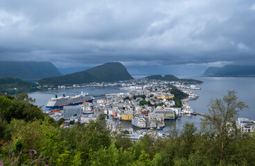 Amazing panoramic aerial view of Alesund. Norway