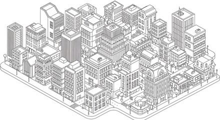 Monochrome Isometric City Block Illustration showcasing Diverse Urban Architecture and Street Layout