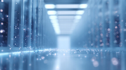 Abstract server room with glowing lights. Illustrates data, connectivity, future tech, or innovation. Perfect for IT, network, cloud or tech concepts.
