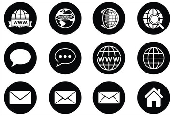 Vector art of collection of internet and communication icons, featuring globe, speech bubble, email, and home symbols for website and contact information