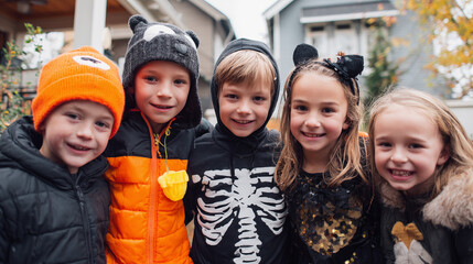 Group of children in Halloween costumes smiling outdoors