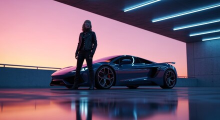 Luxe Elektrische Sportwagen met Stijlvolle Persoon bij Zonsondergang