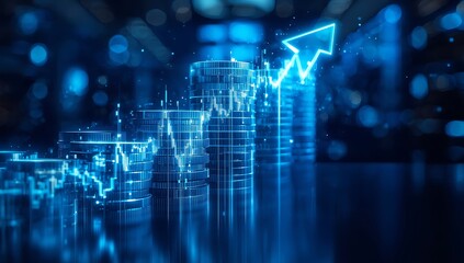 Fototapeta premium Glowing blue digital arrow graph showing financial growth and success