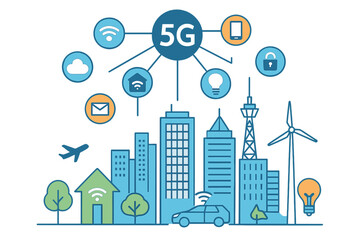 Fototapeta premium Concept of a smart city and its communication network, incorporating 5G, IoT (Internet of Things), and telecommunications