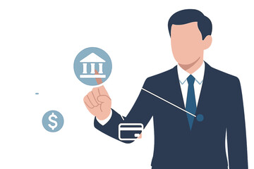 A businessman taps online banking and network connection icons, while online payments, shopping, and digital technology display on a virtual screen, embodying a global business technology and finance