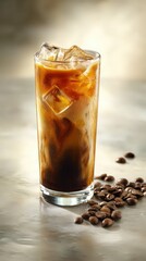 Iced Coffee Drink in Tall Glass with Ice Cubes and Coffee Beans