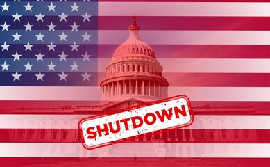 Shutdown due to Senate fails to pass last-ditch funding, American flag with Capitol building and shutdown grungy text on it.