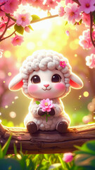 Cute soft pink sheep toy spring flowers holiday decoration
