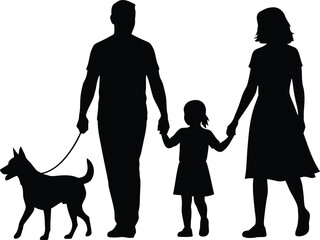 Silhouette of a family walking a dog on a leash on a white background vector illustration