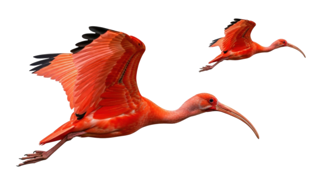 Isolated pair of scarlet ibis birds soaring in the air during migration season travel