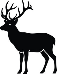 Silhouette of a Majestic Stag with Large Antlers Standing Profile on White Background