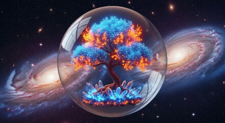 Naklejka premium Surreal Bioluminescent Tree Transparent Bubble Cosmic Expanse
