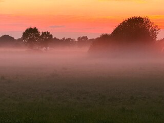 Fototapeta premium fantastic colorful sky after the sunset, fog at the field, countryside fantastic purple evening