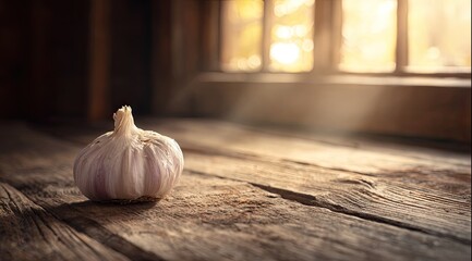 A single head of garlic rests on a weathered wooden surface bathed in warm sunlight streaming through a window