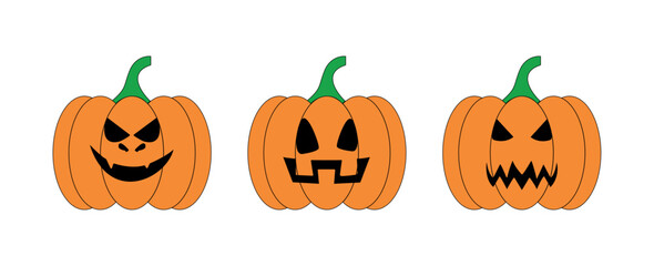 Bright orange jack-o'-lantern vector icons perfect for Halloween designs. Ideal for digital and print use.

