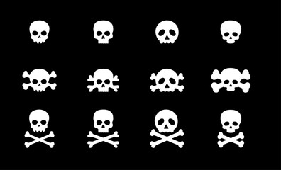 Skulls and crossbones. Skulls with crossbones icons collection isolated on white background. Death logo, symbol, sign. Pirate symbol. Vector graphic