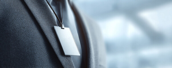 A blank name tag hanging on a suit lapel, perfect for introducing information. Symbolizes networking, identity, access, or event attendance. Clean background for text overlay.