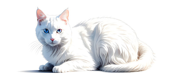 White cat illustration with transparent blue eyes. Elegant cat facing forward on white background. Cute white cat with glowing fur and pink nose. Simple modern cat artwork with sparkling white fur.