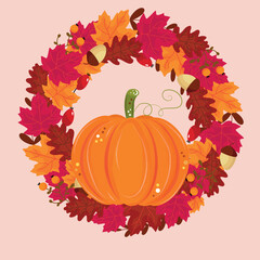 Autumn Wreath with Colorful Leaves, Acorns and Pumpkin