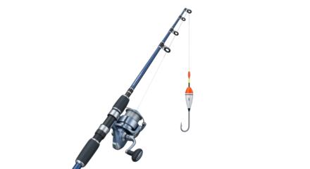 Isolated Fishing rod with hook and float, equipment for angling, nature activity