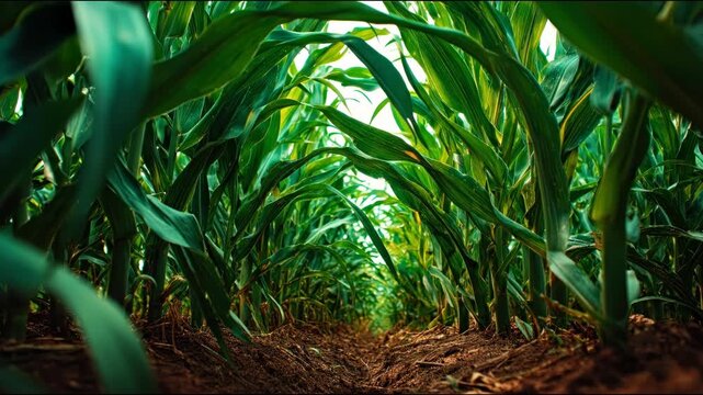 Low angle view of a sunlit cornfield path, tall green stalks lining the dirt ground