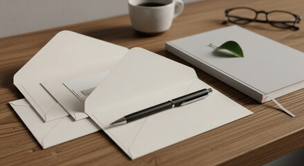 A desk scene with open envelopes, a pen, a coffee cup, glasses, and a notebook with a green leaf