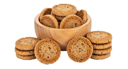 Isolated cookies arrangement, sweet biscuits piled high, treats baked for snacking & desserts