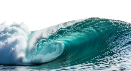A mesmerizing turquoise wave crests and curls, showcasing the raw power and beauty of the ocean isolated on transparent background