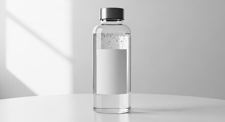 Clear glass bottle with a silver cap and a blank white label, filled with clear liquid, set against a soft, shadowed background