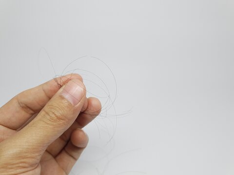Hand holding strands of hair on white background, concept of hair loss, shedding, or beauty care.