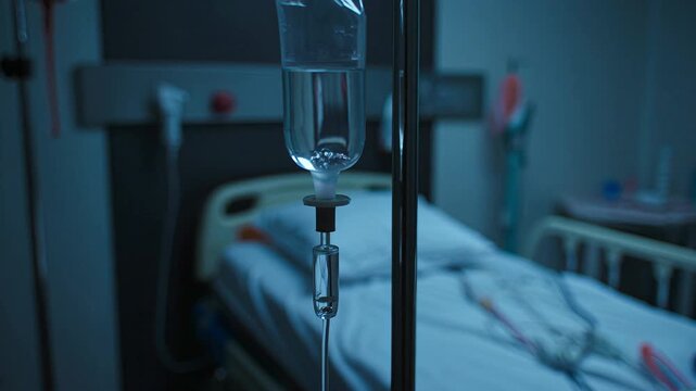 Close-up view of an empty hospital bed with an IV drip stand in the foreground, illuminated by dim, moody lighting