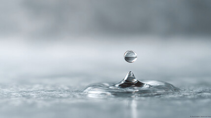 Macro shot showcasing a water droplet impacting a still surface, creating ripples. Evokes concepts of purity, refreshment, and the power of a single moment.