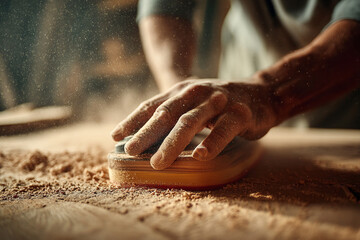 A person's hands sanding a wooden surface to a smooth finish, creating sawdust, indicating meticulous woodworking.