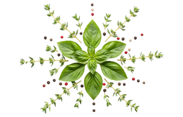 Overhead shot of a basil flower isolated on transparent background, surrounded by thyme sprigs and peppercorns, creating a visually appealing pattern